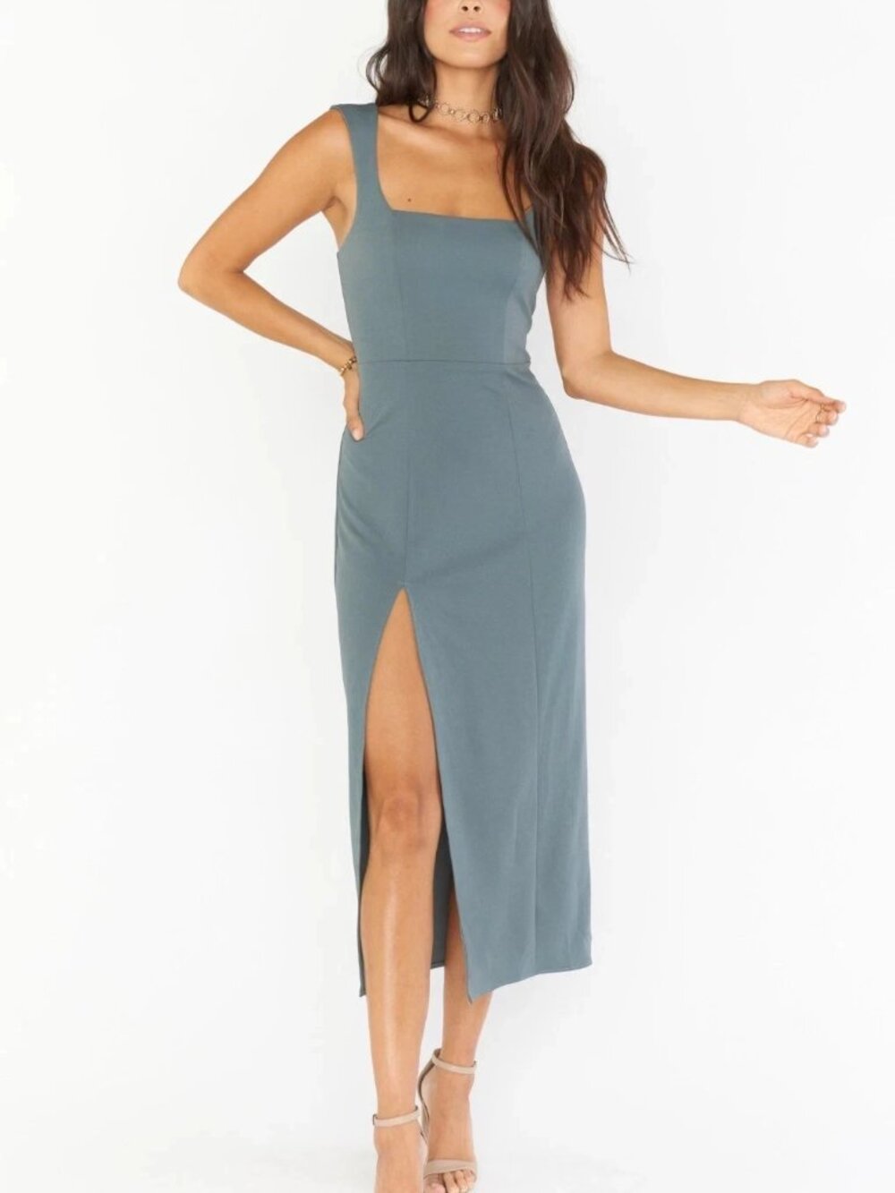 Show Me Your Mumu Size XL Eden Stretch Midi French Blue Square Neck High Slit